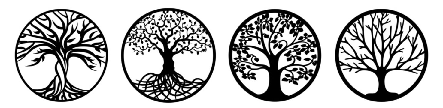 Baum des Lebens, Tree of Life, 4 B&auml;ume des Lebens, lasercut, Trees, black on white background, vector, 4 symbols, engraving, wood laser cut, leaf
