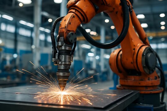 An automated orange robotic arm precisely welds metal creating sparks in a factory setting.