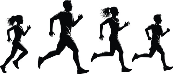 Silhouettes of a family running together, father, mother, daughter, and son jogging outdoors, fitness, health, active lifestyle illustration.