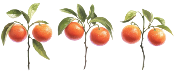 Orange Fruits On Branch with Green Leaves and Transparent Background