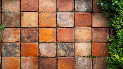 Rustic terracotta surface weathered clay brick tiles with natural aging patterns moss growth organic texture top-down overhead garden pathway composition