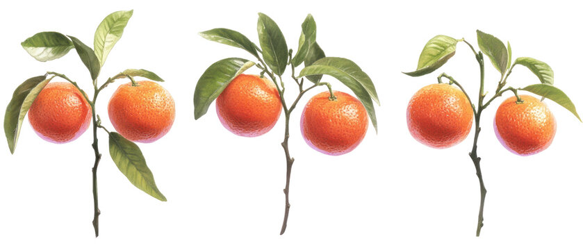 Orange Fruits On Branch with Green Leaves and Transparent Background