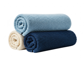 Three rolled towels in different shades of blue and beige, isolated on transparent background