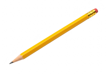A yellow wooden pencil with a graphite lead and pink eraser, sharpened and ready for writing or drawing, isolated on transparent background