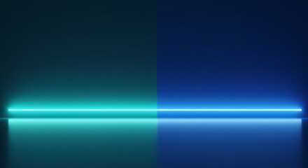 A vibrant teal and blue neon light illuminates a reflective surface, creating a minimalist, geometric scene.