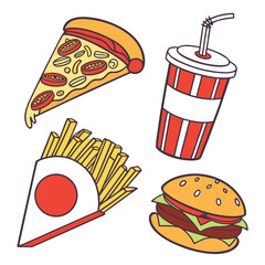 Illustration of pizza slice, soda drink, french fries and burger, representing fast food meal