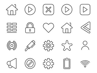 Illustration of various icons, including a house, play button, cross, menu, lock, and heart