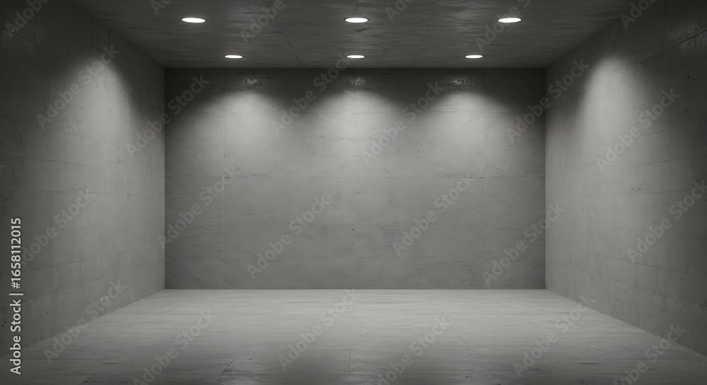 Poster empty gray room with concrete walls and floor, illuminated by recessed ceiling lights, creating a mi