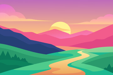 Vibrant sunset over rolling hills and winding path