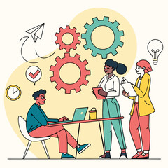 Vector art of a dynamic illustration of a business team collaborating on a project, showcasing teamwork and problemsolving skills