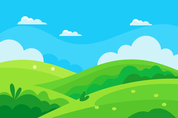 Obraz premium Vibrant green hills under a bright blue sky with fluffy clouds