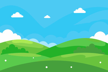 Vibrant green hills under a bright blue sky with fluffy clouds