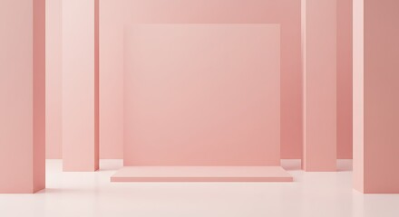 A minimalist, pink geometric display podium in a spacious, light-filled room.