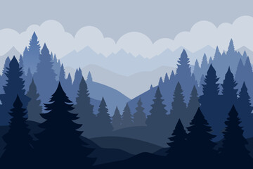 Fototapeta premium Serene blue forest landscape with layered mountains and clouds