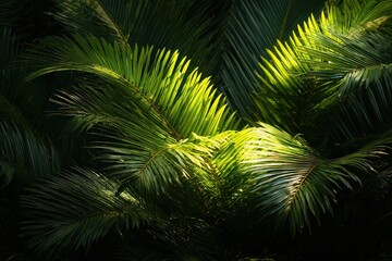 Close Up View Of Lush Tropical Foliage Under Sunlight