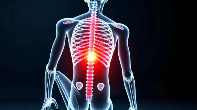 x-ray scan, lumbar region, spinal health. Bone structure. Lumbar disks compress under stress. Bone density decreases with age. Vertebral alignment ensures proper posture.