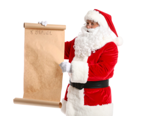 Santa Holding Long Gift List, Angled Side View, Transparent PNG