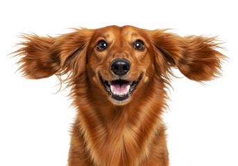 Happy longhaired dachshund dog with floppy ears, smiling and looking at the camera, isolated on transparent background
