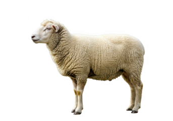 A fluffy white sheep standing profile on a transparent background, isolated