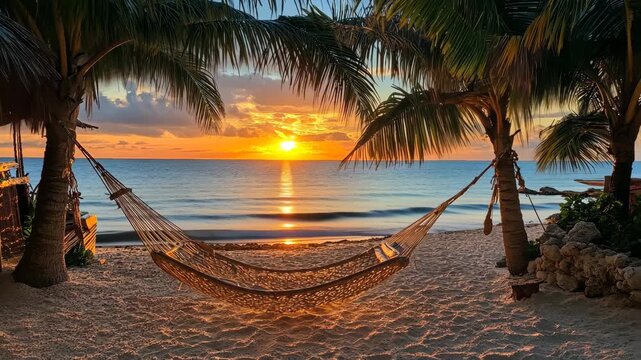 Serene beach sunset scene with palm trees and hammocks over tranquil ocean
