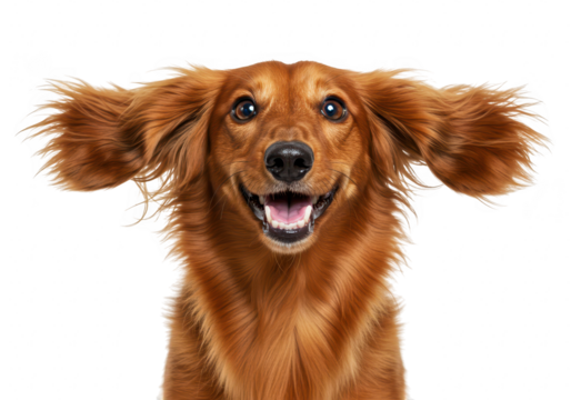 Happy longhaired dachshund dog with floppy ears, smiling and looking at the camera, isolated on transparent background
