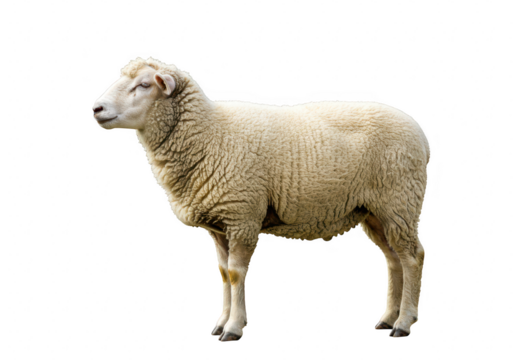 A fluffy white sheep standing profile on a transparent background, isolated