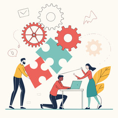 Vector art of teamwork and collaboration illustration of people working together to solve a puzzle