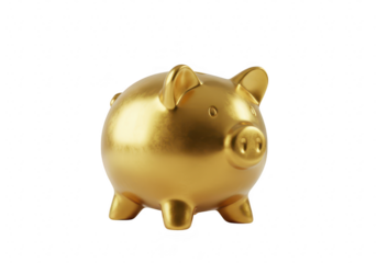 A shiny golden piggy bank isolated on transparent background