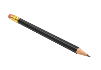 A sharpened black pencil with a pink eraser and gold ferrule, isolated on transparent background