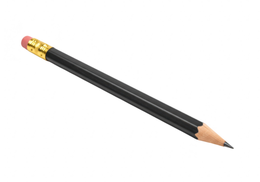 A sharpened black pencil with a pink eraser and gold ferrule, isolated on transparent background
