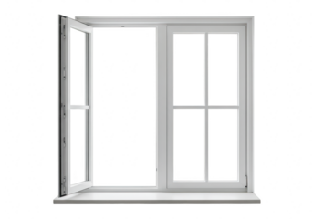 An open white window frame with glass panes, isolated on transparent background