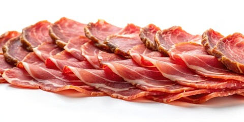 Thinly sliced meat on a crisp white background