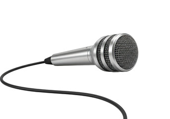 Vintage silver microphone with black wire isolated on transparent background