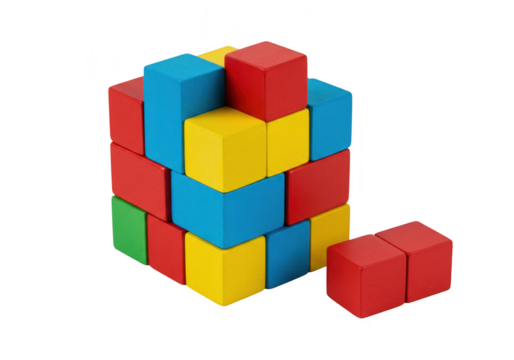 Colorful wooden building blocks stacked in a cube shape with two extra blocks isolated on transparent background