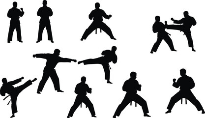 Martial arts silhouettes in dynamic poses, kicking, punching, sparring, black isolated fighters, combat training, technique, discipline, self-defense, action