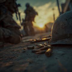 A close-up of weapons and bullets on the ground, with an old war helmet next to them. The background is a sunset scene in a military base. In a cinematic style.