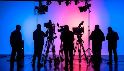 Silhouettes of film crew in the studio with lighting and gradient color background AI stock photo