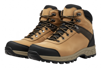 A pair of tan and black hiking boots with laces, isolated on transparent background