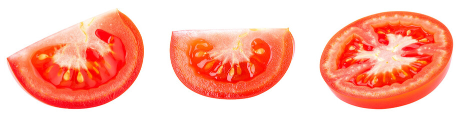 Close Up of Three Sliced Tomatoes with Red Flesh and Seeds Against Transparent Background