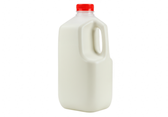 White plastic gallon jug of milk with red cap, fresh dairy beverage for healthy nutrition, isolated on transparent background