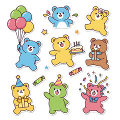 Obraz premium Cute cartoon bears celebrating with balloons and cake