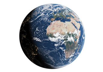 The planet earth as seen from space, showing continents, oceans, and clouds, isolated on transparent background