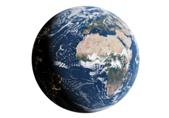 The planet earth as seen from space, showing continents, oceans, and clouds, isolated on transparent background
