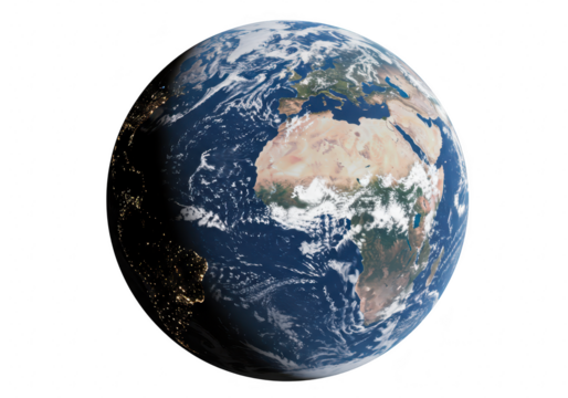The planet earth as seen from space, showing continents, oceans, and clouds, isolated on transparent background