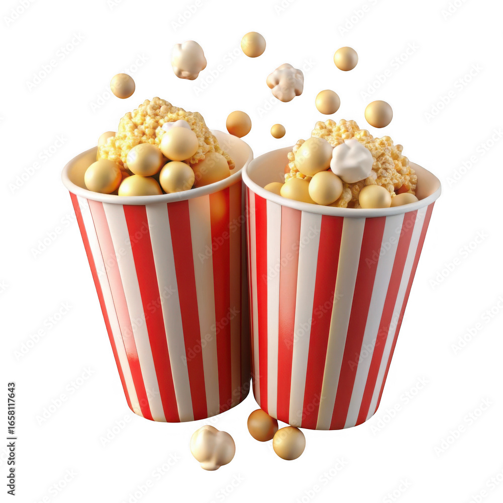 Poster 3d popcorn buckets with scattered kernels isolated on transparent background