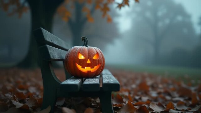 A carved pumpkin sitting on top of a wooden bench, perfect for fall or Halloween decorations