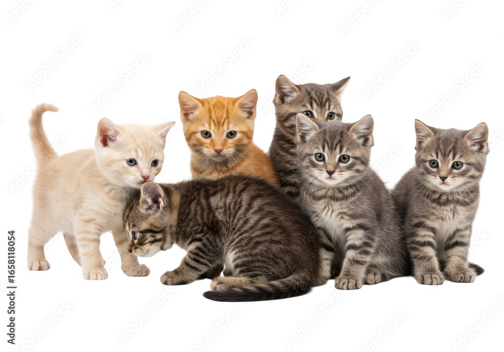 Poster a group of adorable, fluffy kittens of various colors and patterns, posing together on a transparent