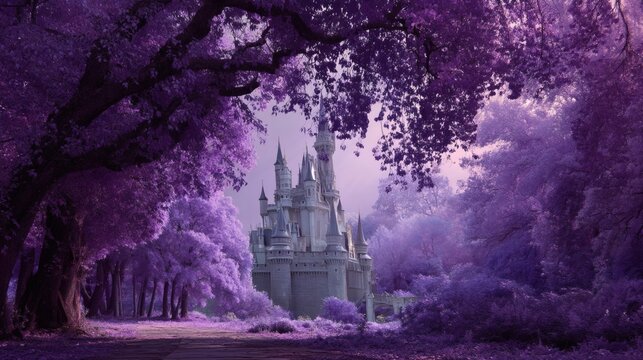 Enchanting purple forest surrounding a fairytale castle with spires and towers fantasy - Powered by Adobe