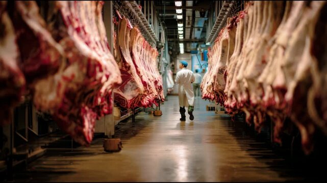 Photograph of meat hanging in the abattoir, with a butcher walking among them.