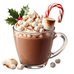 Christmas hot chocolate cocoa with marshmallows in glass cup PNG, cutout isolated on transparent background. Festive warm winter holiday season drink


